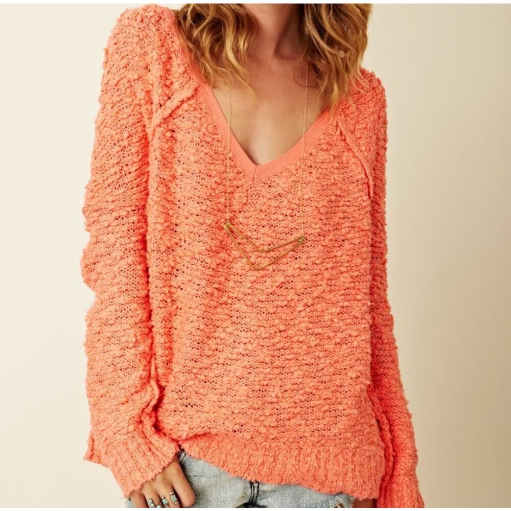 Free People Songbird Sweater V-Neck Slub Loose Knit Textured Slouchy Large